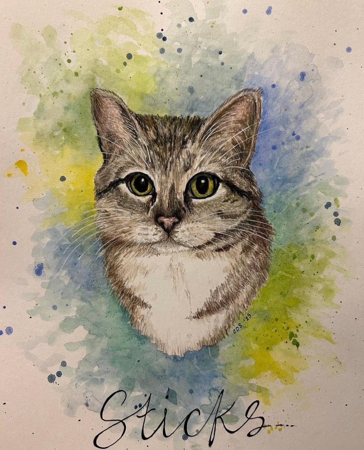 Watercolor pet portrait of a tabby cat by Caitlin Duffy Soldo